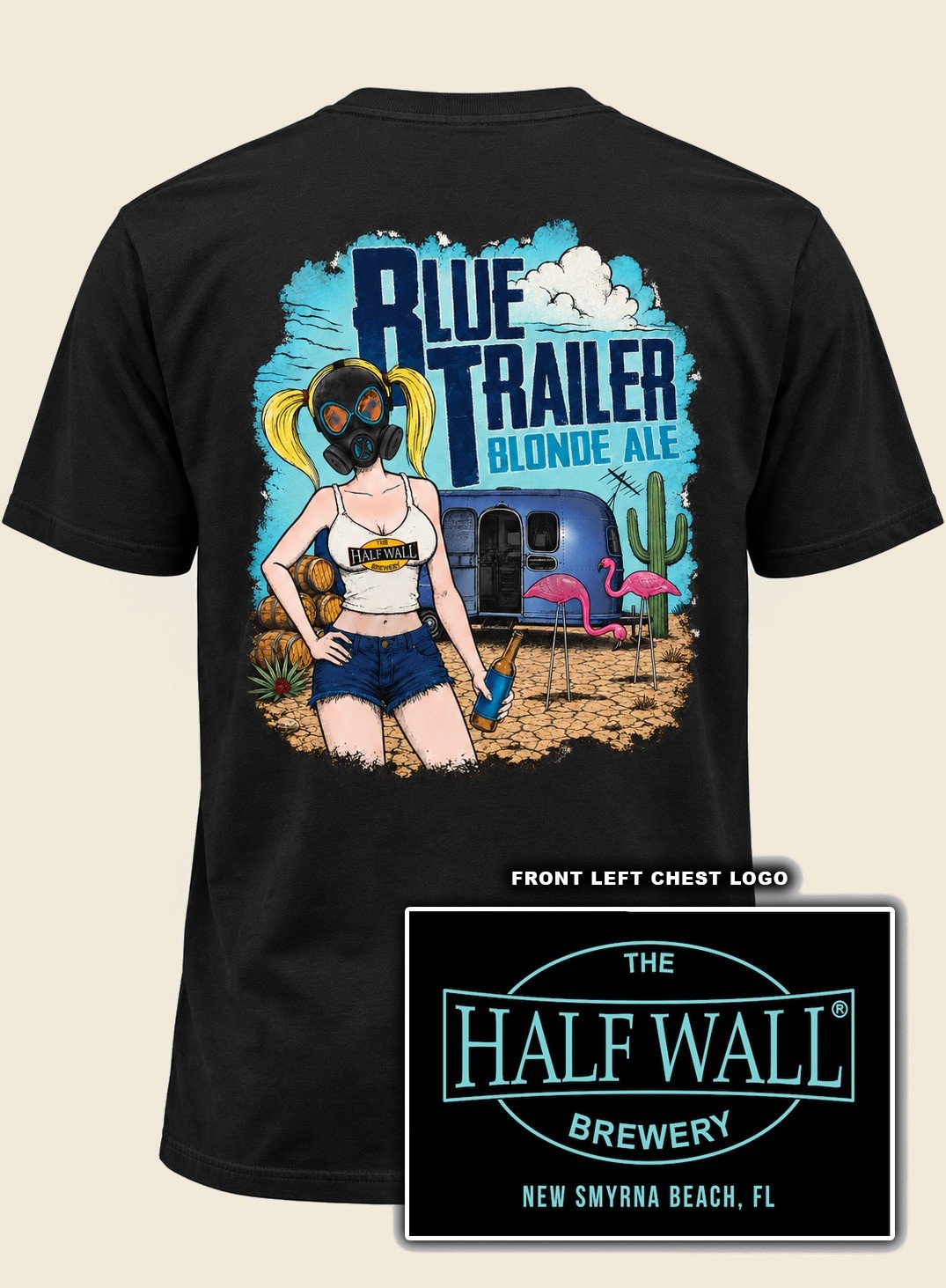 Black t-shirt with a back print of the Half Wall Blue Trailer Blonde Ale artwork